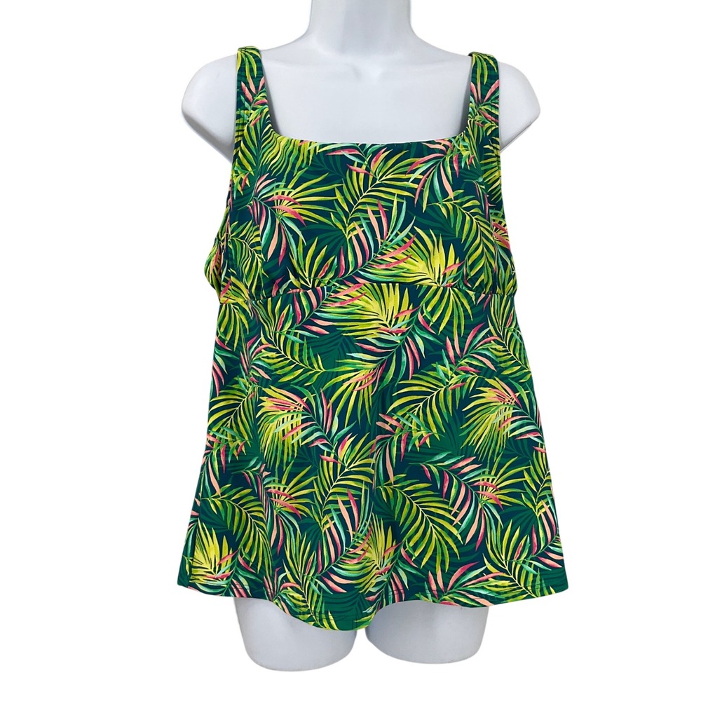 Lands' End Tankini Top Women 18‎ Green Tropical Palm Leaf Nylon Classic Coastal